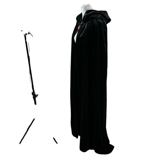 Ladies Long‎ Black Velvet Hooded Robe with Purple Satin Lining One Size - Picture 5 of 11